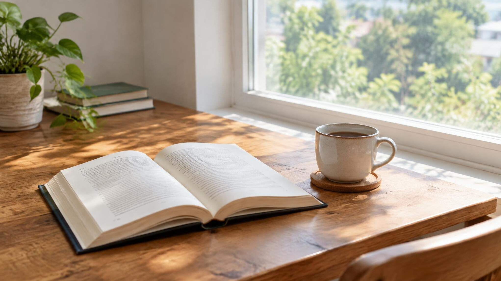 Open book on a wooden table near a window