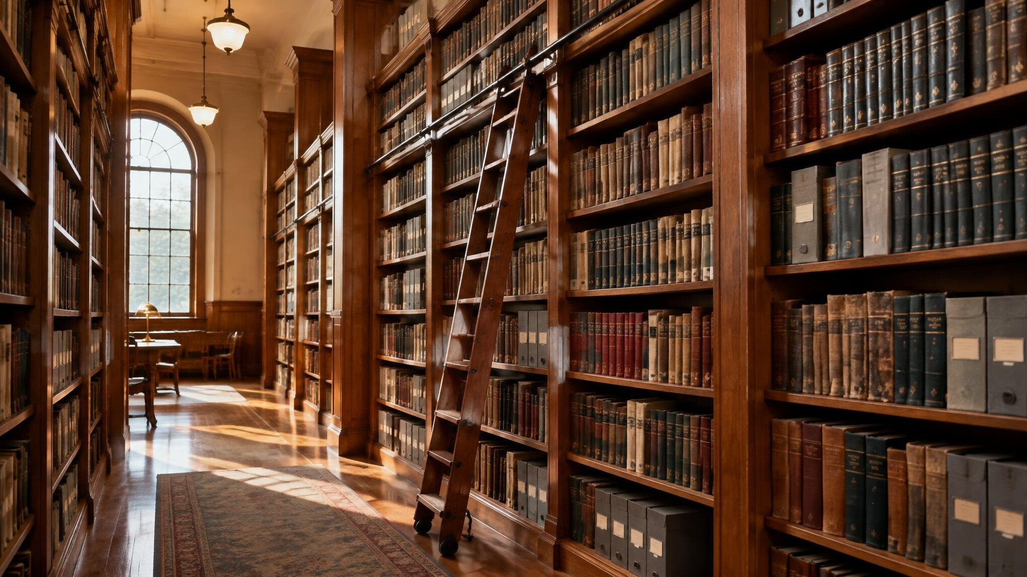 Tall wooden bookshelves in a quiet library