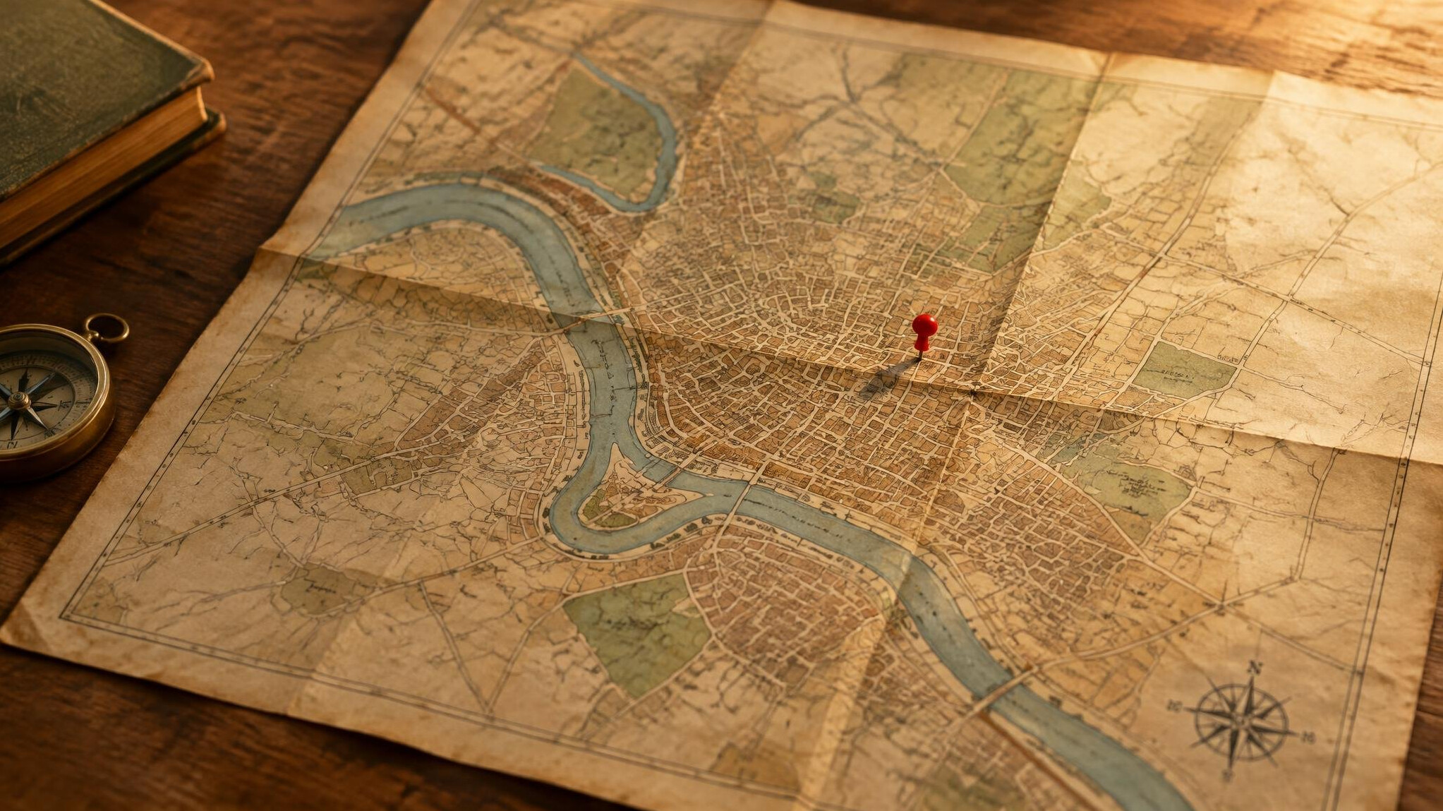 Old city map spread on a table with a pin