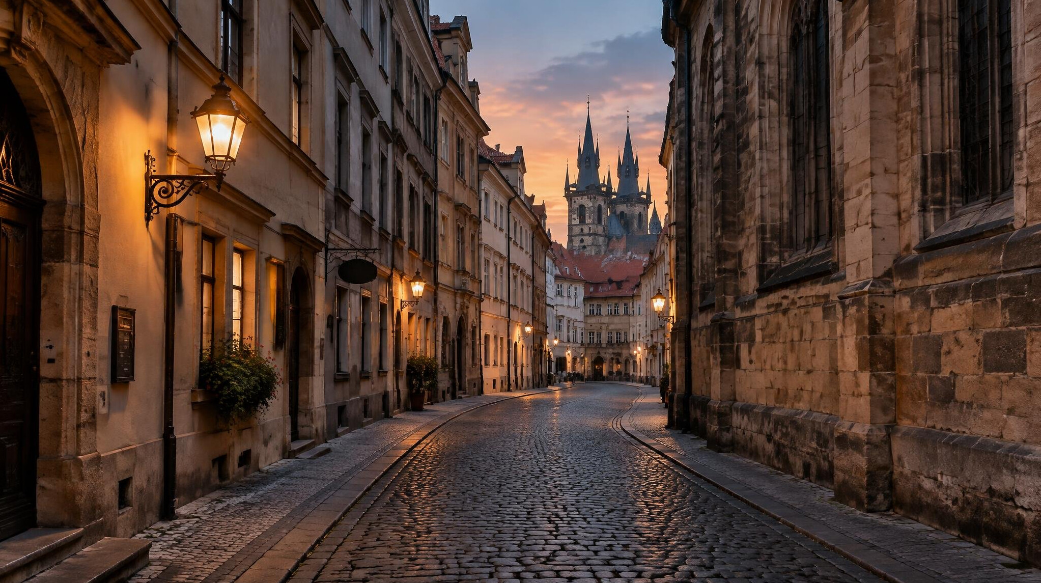 Narrow cobblestone street in an old European city at dusk