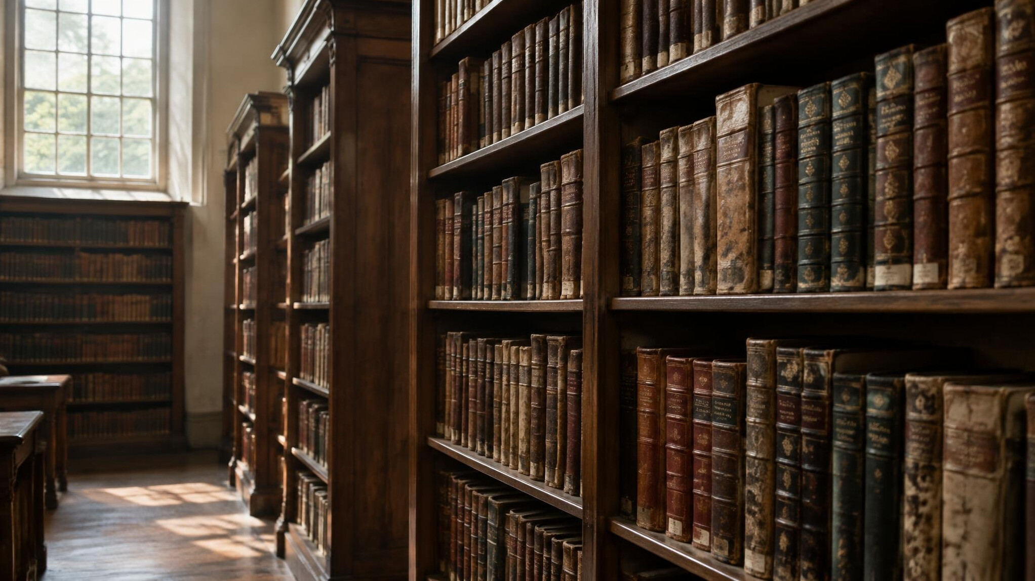 Library shelves filled with old volumes