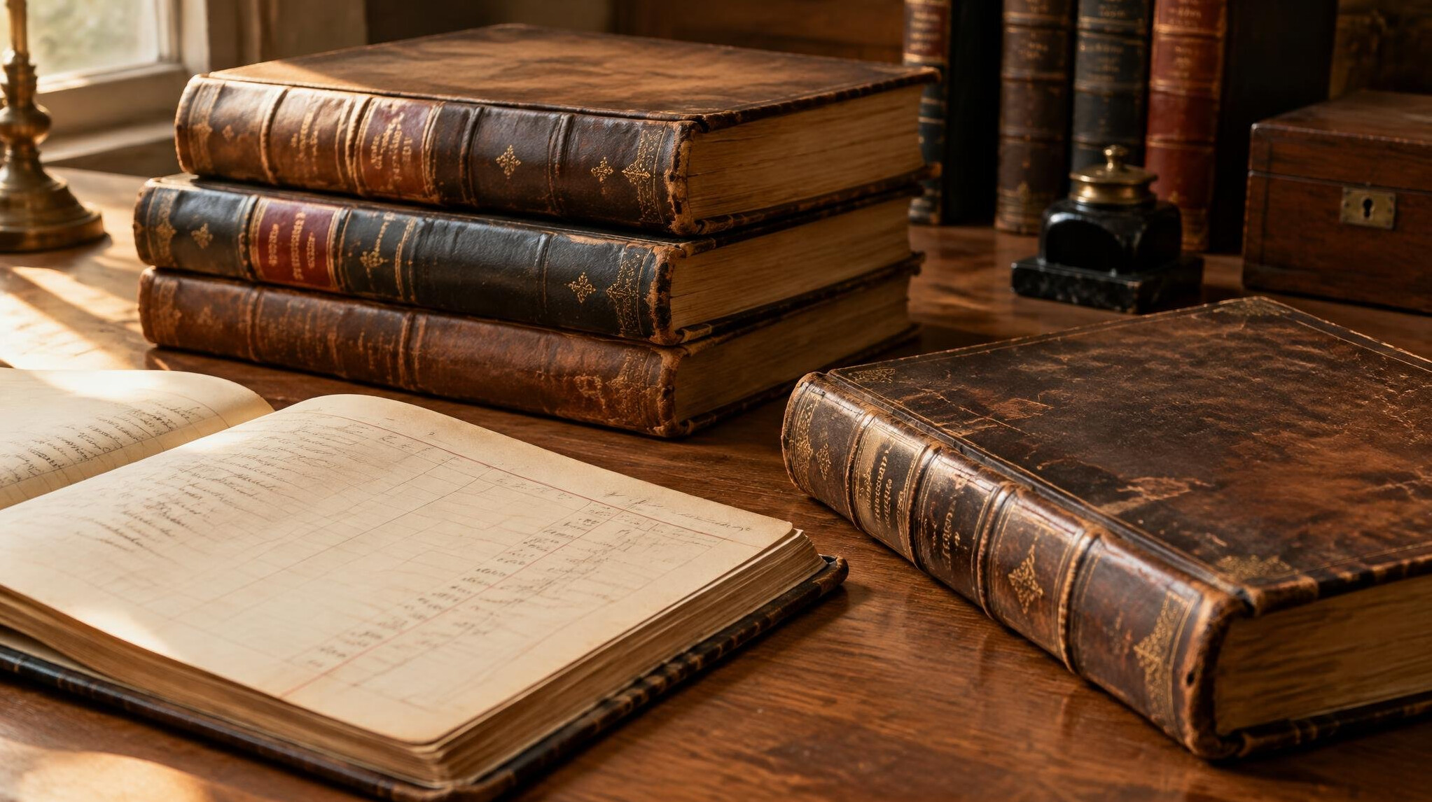 Old leather-bound books on a wooden table