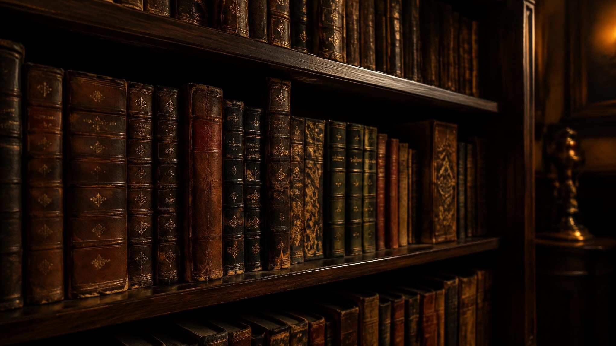 Rows of antique books on a shelf in dim light