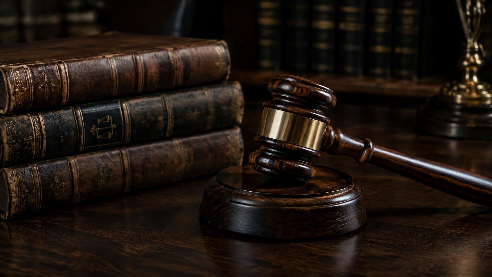 Gavel and law books on a dark wooden desk