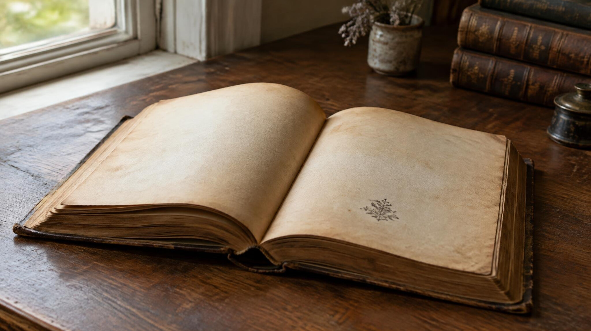Open old book with aged pages on a desk