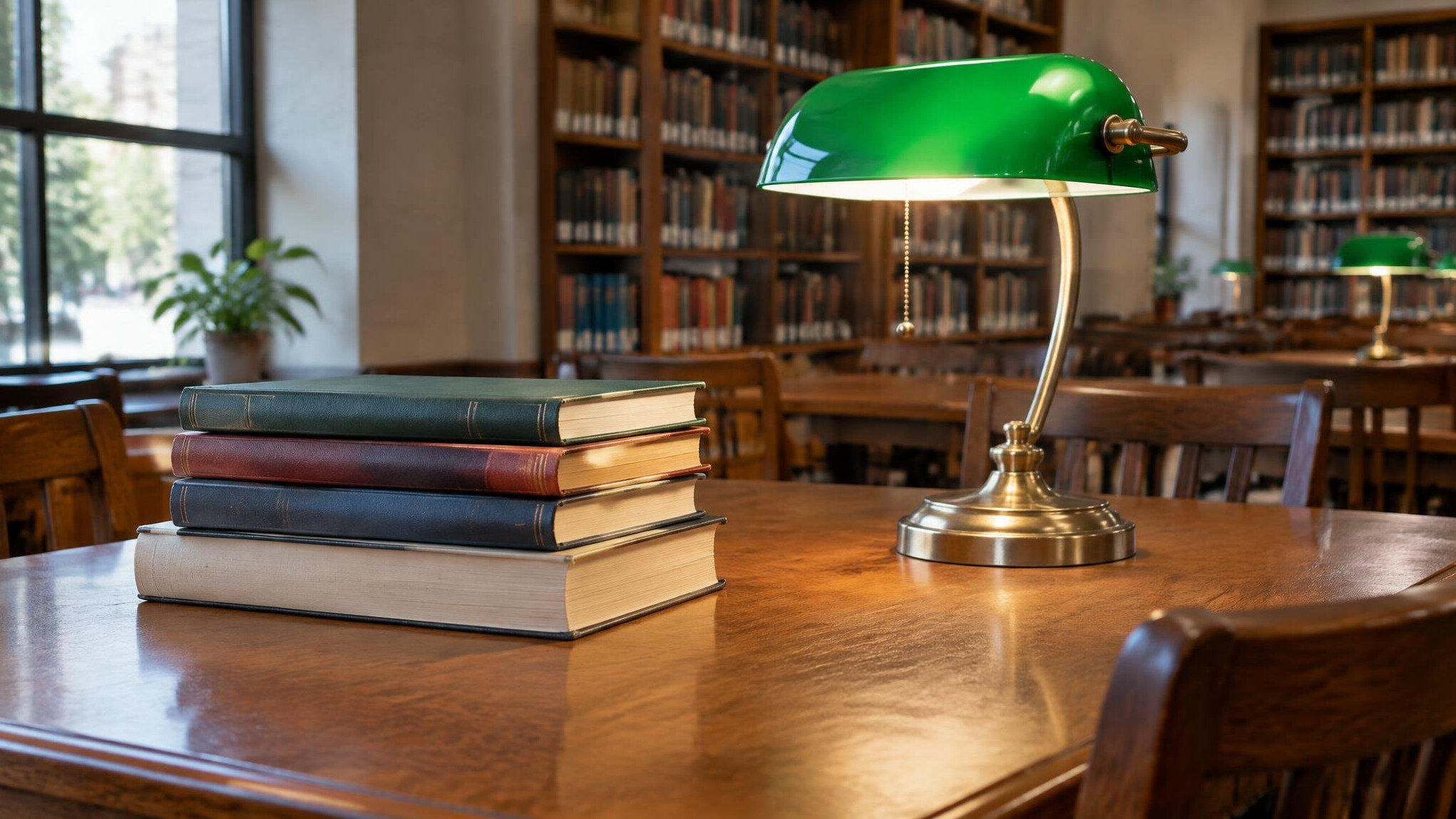 Books and a reading lamp on a library table